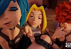 Three girls in 3D cartoon get a blowjob from a Blenderknight