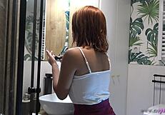 hot sexy tight pussy redhead girlfriend in the bathroom no panties tases in a miniskirt