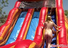 Hot lesbos enjoy outdoor gangbang with pussy and ass toys