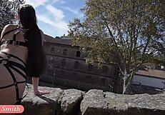 Jeny Smith endures strap bondage in public flashing