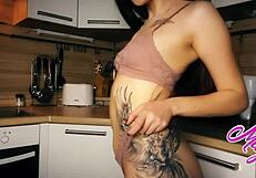 Asian Brunette Babe Masturbates Standing With Vibrator In Black Stockings