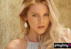 Young blonde introduces her perfect shaved body