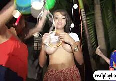 Three gorgeous babes in outdoor group sex orgy