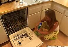 Horny teen April toys her pink tight pussy solo.