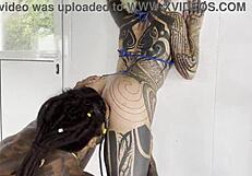 Tattooed sexy princess undergoes intense training session with DamiLVs in bold gay action.