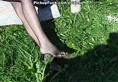 Blonde in Pantyhose Screws Publicly in Park Amidst Onlookers