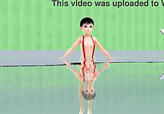 Leo Anime Girl Swims in Small 18+ Micro Bikini with Nip Slip