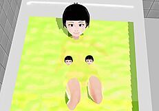 Kokoa strips fully naked in steamy bath for hentai solo show.