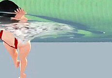 Leo Anime Girl Swims in Small 18+ Micro Bikini with Nip Slip