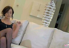 Blonde mature lesbian grabs brunette's hair while getting pussy licked