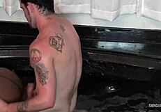 Ebony beauty enjoys pussy drilling in interracial swingers threesome. Tattooed and hardcore.