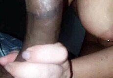 Pretty blonde sucks massive black cock, licking it all over before cumshot