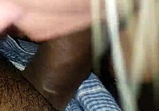 Pretty blonde sucks massive black cock, licking it all over before cumshot