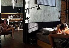 Real Couple Sneaks Threesome Sex Behind Wall