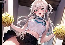 हॉट एनीमे चीयरलीडर ने पारदर्शी कपड़े में चूत खेल के साथ छेड़ा