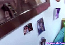 Perky-Tit Teen 18+ Students Share and Pound the Same Hard Cock