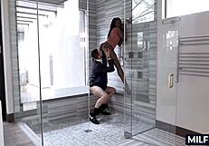 the contrast of a young stud with a mature ebony milf in intense interracial action