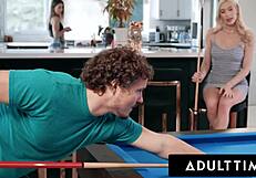 I join roommates Paige Owens and Kay Lovely for strip pool and become their fuck toy