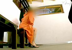 spy exposes hard cock in pool restroom for busty woman