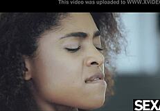 Stunning black Brazilian babe grabs morning cock after coffee