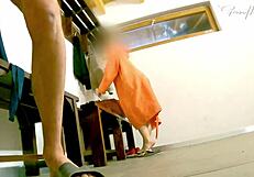 spy exposes hard cock in pool restroom for busty woman