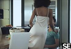 Stunning black Brazilian babe grabs morning cock after coffee