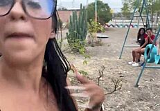 Old Man Intrigues Two Busty Teens in Public Park Threesome