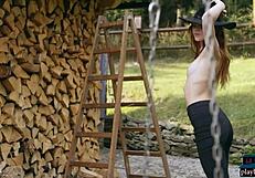 Tiny Teen Kate Great Strips Naked Outdoor Chopping Wood!