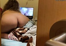 Caught petite stepsister watching fat whore in double penetration gangbang.