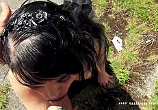 doreen gets her pierced pussy smashed hard! cum on tits in public!