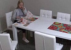 Blonde teen begs step-dad for cum on cozy sofa