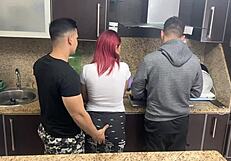 latina milf bent over ass grabbed by husband's friend while cooking