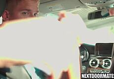 uber driver passionately face fucking muscular gay customer with deepthroat.