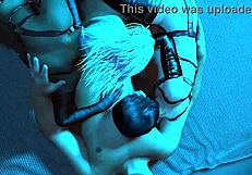 guy spoons two ladyboys, gets blowjob