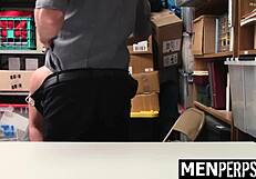 Young twink caught stealing, punished with blowjob by gay security guard in missionary 😈.