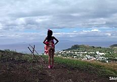 Man, that huge cock dominates tiny pussy at the ocean