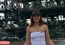 jeny smith teases with camel toe and big ass in tight white suit outdoors.