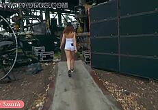 jeny smith teases with camel toe and big ass in tight white suit outdoors.