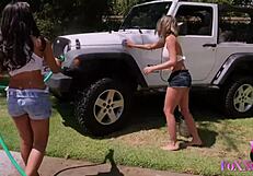 hot babes jenna foxx and shy love in a jeep adventure