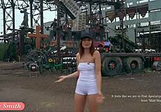 jeny smith teases with camel toe and big ass in tight white suit outdoors.