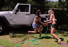 hot babes jenna foxx and shy love in a jeep adventure