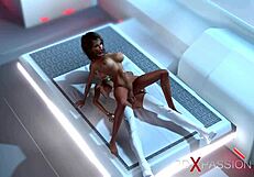 In this 3D sci-fi, a dickgirl android has fun with a woman in space.