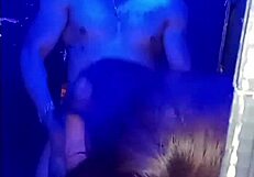 I'm in party dress and horny, this hunk approaches and fucks me in the men's bathroom, almost caught!