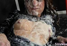 Bukkake babe rubs cunt