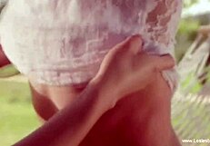 Tan girlfriends enjoy outdoor sex with licking and kissing