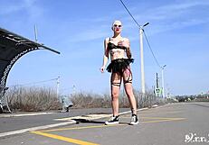 Beautiful Tattooed Blonde in Lingerie Sucking Big Boobs on City Streets