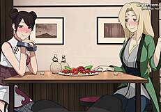 Naruto Kunoichi Trainer Tsunade and Tenten Give Handjob and Foot Job in Public Restaurant Hentai Game