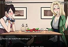 Naruto Kunoichi Trainer Tsunade and Tenten Give Handjob and Foot Job in Public Restaurant Hentai Game
