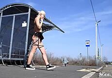 Beautiful Tattooed Blonde in Lingerie Sucking Big Boobs on City Streets