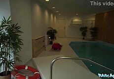 public agent bangs pretty brunette in bikini at indoor pool